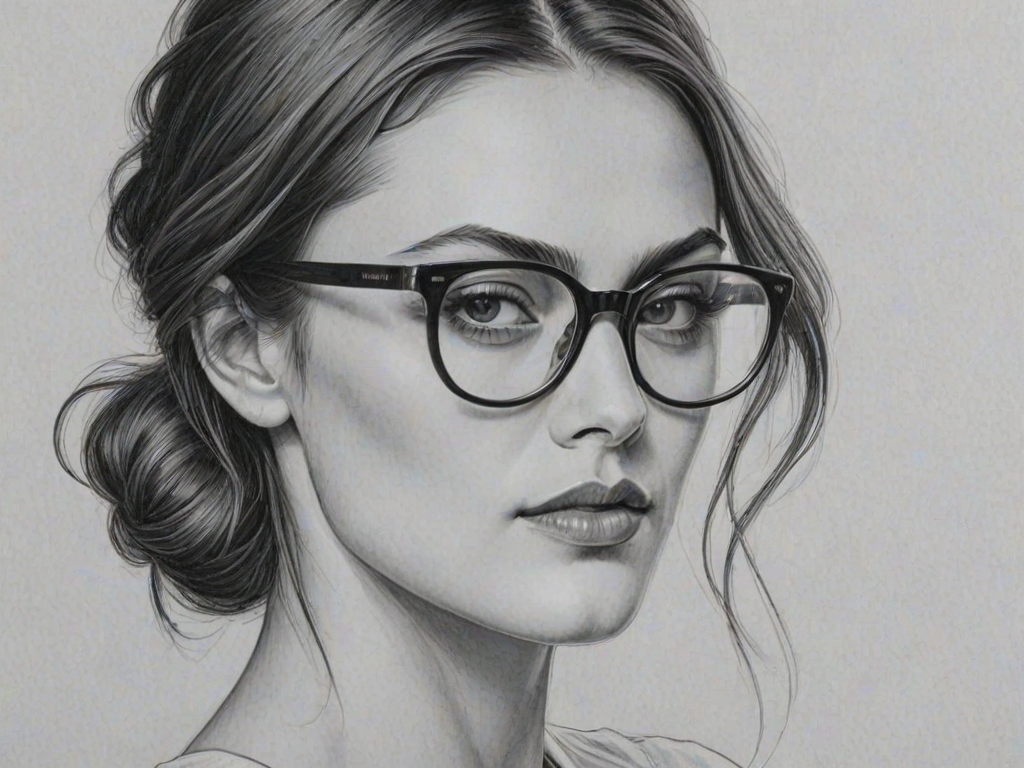 Elegant Phoebe Tonkin, pencil sketch, portrait of Magnificent woman 1925s in glasses, hair style beatnik, outline, clear lines, fine lines, 8k