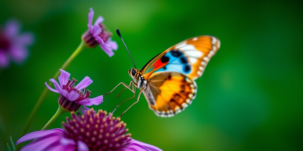 Macro shot of a colorful butterfly perched on a purple flower with a blurred green background, aperture f/2.8, shutter speed 1/200s, ISO 100, 100mm macro lens, soft natural lighting.