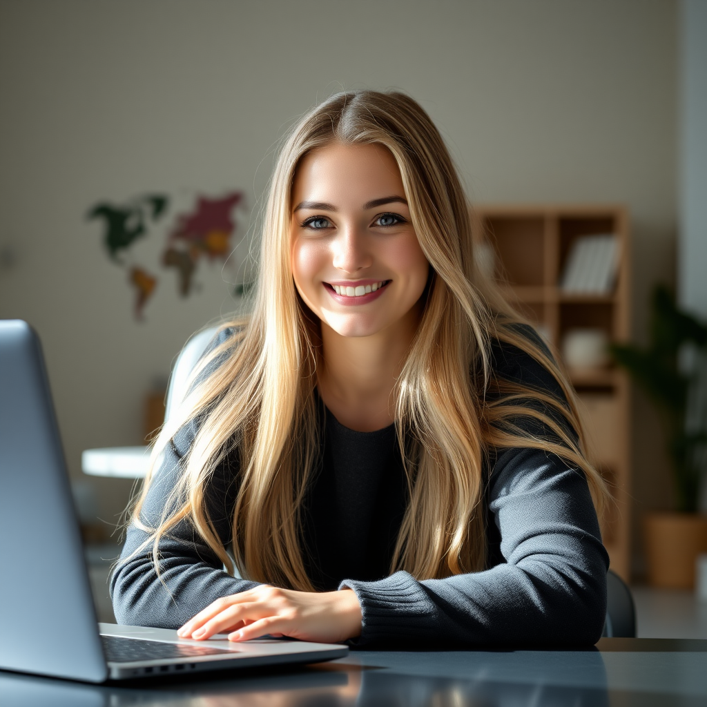 portrait of a young woman with long blonde hair smiling softly while sitting at a desk with a laptop in a bright, softly lit room, 50mm lens, f/1.8, ISO 200, natural light, shallow depth of field, DSLR
