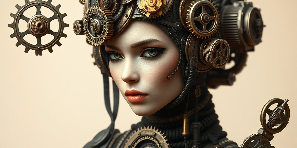 Create a detailed steampunk character design featuring a female figure with intricate mechanical elements and gears, captured with a Canon EOS R5, 50mm lens, f/1.8, ISO 100, in soft natural lighting, showcasing high resolution and fine details in a full-body portrait style on a light beige background.