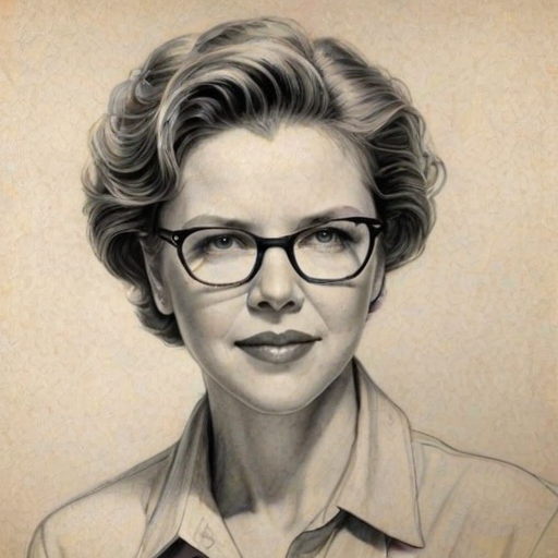 Delightful Annette Bening, pencil sketch, portrait of Gorgeous woman 1930s in glasses, hair style beatnik, outline, clear lines, fine lines, 8k