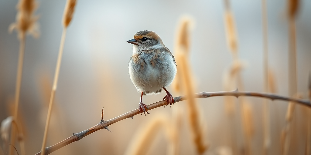 A close-up of a sparrow perched on a thorny branch among golden grasses in soft focus, 50mm lens, aperture f/2.8, ISO 100, natural lighting, DSLR camera.