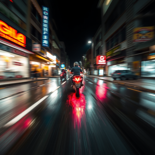 Blurry, dramatic shot of a motorbike speeding down a rain-soaked road at night, neon lights from nearby shops reflecting on the wet pavement, with streaks of red and blue trailing the bike.