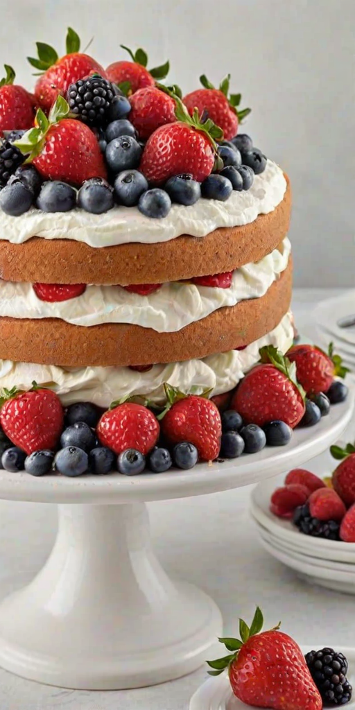 Create an image of a three-layer cake with fluffy white sponge layers. The top is adorned with a generous amount of fresh strawberries, blueberries, raspberries, and blackberries, all lightly dusted with powdered sugar. The cake has a smooth layer of whipped cream between each sponge layer and on top, creating a fresh and inviting appearance.