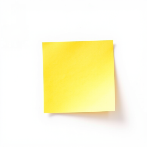 Create a bright yellow sticky note on a white background, captured with a DSLR camera at f/2.8 aperture, ISO 100, 50mm lens, using a soft diffuse lighting setup and a top-down view for enhanced clarity and vibrancy.