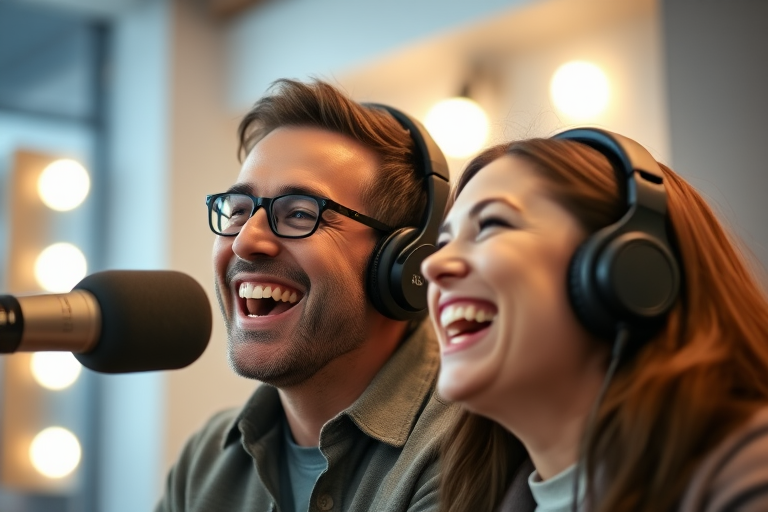 Close-up of a man and woman laughing while wearing headphones in a modern podcast studio, illuminated by soft lights, shallow depth of field, ISO 200, f/2.8, 85mm lens, natural light, DSLR camera.