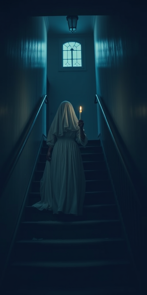 Create a hauntingly atmospheric image of a ghostly figure in a long white dress holding a flickering candle while descending a dimly lit staircase, captured with a DSLR camera, 50mm lens, f/1.8 aperture, ISO 100, shutter speed 1/60, using a low-angle shot and soft focus for an ethereal quality.