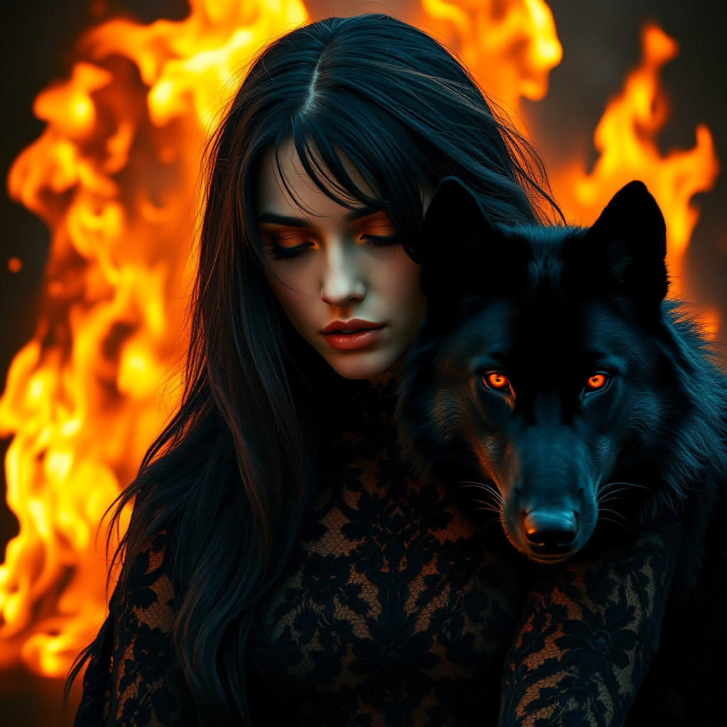 A woman with long dark hair, wearing a black lace dress that seamlessly blends into her skin with intricate floral patterns. She is in the foreground, with a black wolf beside her; its fur is midnight black, and it has glowing, intense, orange eyes that match hers. Her eyes are partially closed with burning embers above them, giving a fiery and mystical aura. The background is engulfed in tall, roaring flames, contributing to an overall dark and supernatural atmosphere. The colors are intense, predominantly black, fiery orange, and deep reds, with sharp contrast highlighting the mysterious and fierce theme. The flames are bright and dynamic, casting dramatic light and shadow, illuminating the woman and wolf while leaving parts in near darkness. The image evokes a sense of otherworldly power and connection between the woman and the wolf.