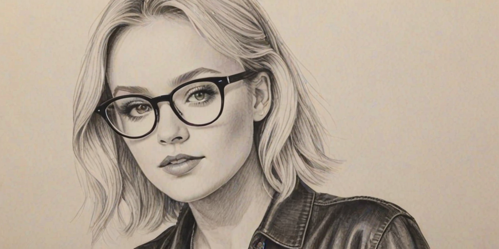 Appealing Zara Larsson, pencil sketch, portrait of Wonderful woman 1934s in glasses, hair style beatnik, outline, clear lines, fine lines, 8k