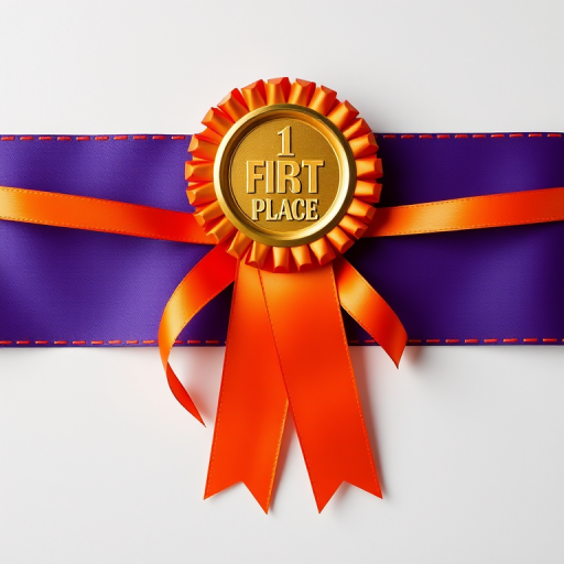 Generate a high-resolution image of a first place ribbon featuring gradient orange ribbons and a golden seal, using a Canon EOS R5 with a 50mm lens, aperture f/1.8, ISO 100, 1/200s shutter speed, shot from a slightly elevated angle for depth and clarity.