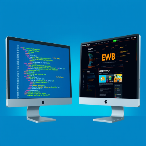 Create an illustration of two computer monitors displaying colorful coding text on one and a graphic-rich web design on the other, with a clean blue background, use a Canon EOS R5 camera, 50mm lens, f/2.8 aperture, ISO 100, and natural lighting for enhanced clarity and detail.