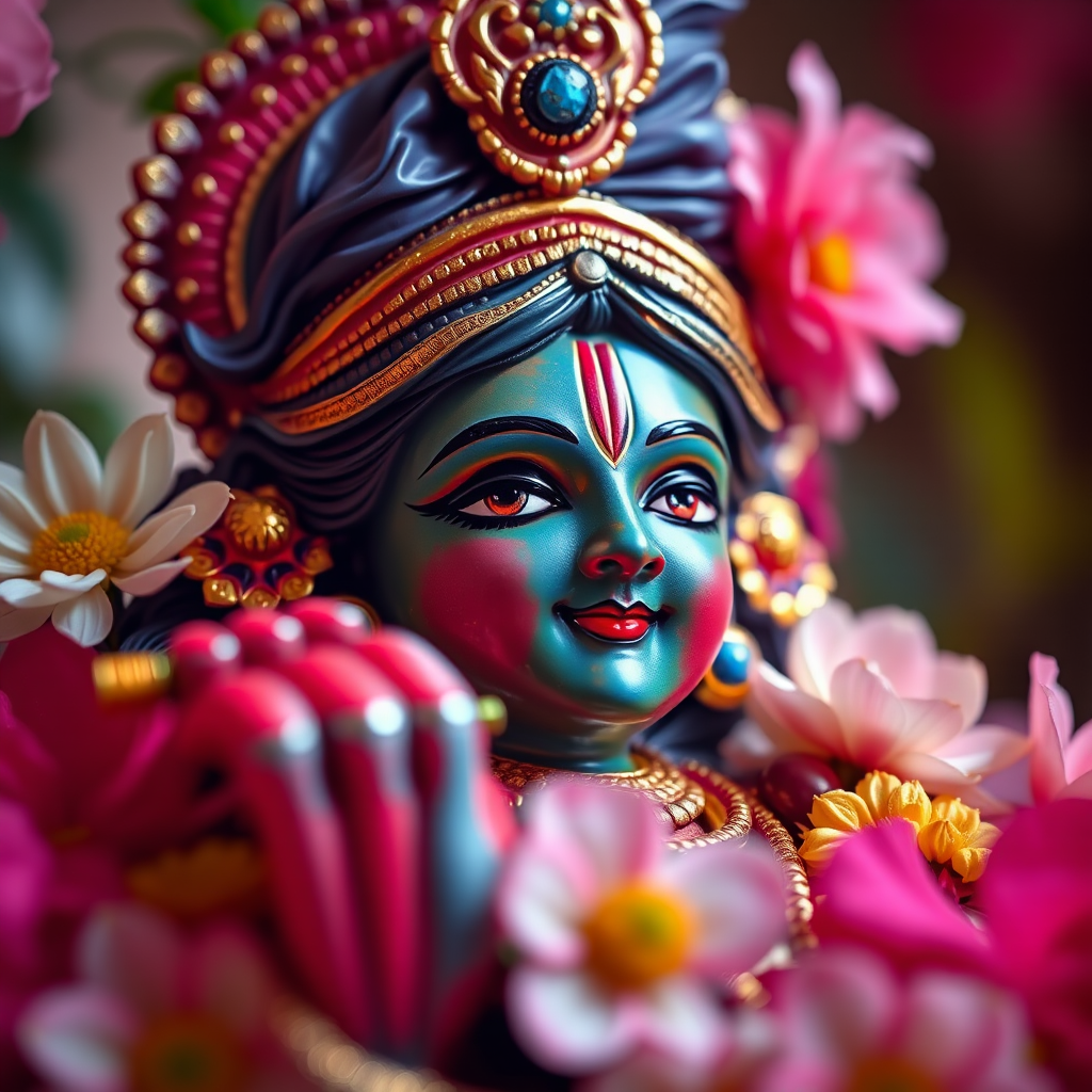 Regenerate an image of a beautifully detailed idol of Lord Krishna with vibrant blues and golds, surrounded by flowers, using a DSLR camera, 50mm lens, f/1.8 aperture, ISO 100, natural lighting, and a shallow depth of field for enhanced focus on the intricate details.