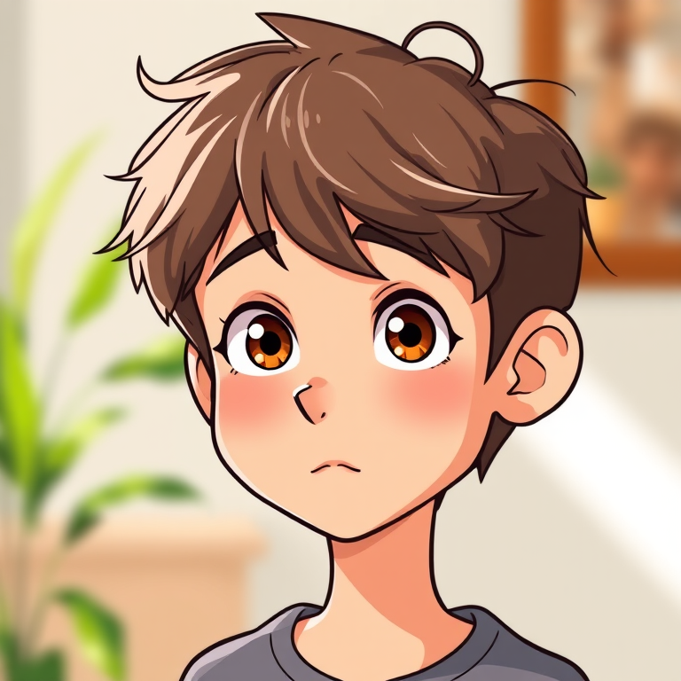 Create a high-resolution cartoon-style illustration of a young person with short, messy brown hair and expressive eyes, using a Canon EOS 5D Mark IV with a 50mm lens, aperture f/1.8 for a shallow depth of field, ISO 100 for clarity, shot in natural soft lighting.
