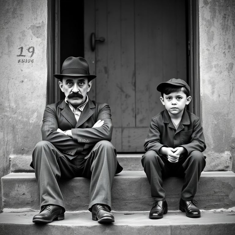 A black-and-white photograph of a man and a child sitting on steps in front of a doorway. The man is dressed as a tramp with a bowler hat, mustache, and ragged clothes, reminiscent of Charlie Chaplin's iconic look. He is sitting with his arms crossed and an expression of slight sadness or frustration. Next to him is a young boy, also in worn clothes and a cap, sitting with his hands clasped, looking thoughtful. The background is an old, textured wall and a partially open door, creating a vintage, early 20th-century atmosphere.