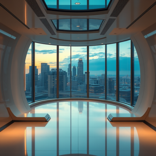 futuristic corridor interior with large windows overlooking a cityscape at dusk, wide-angle lens, f/8 aperture, ISO 100, soft lighting, HDR photography, digital camera