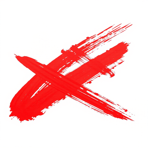 Create a high-resolution image of a bold red brushstroke forming an "X" shape on a white background, shot with a DSLR camera at f/2.8, 50mm lens, with soft lighting and a slightly overhead angle to enhance depth and texture.