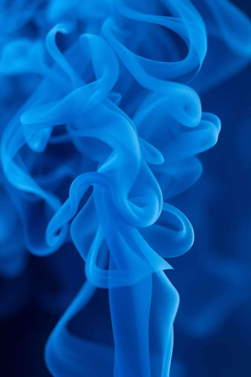 Generate an artistic representation of blue smoke swirling gracefully, captured with a Canon EOS R5 using a 50mm f/1.2 lens, shot at ISO 100 with a shutter speed of 1/250 sec, in natural light to enhance clarity and detail.