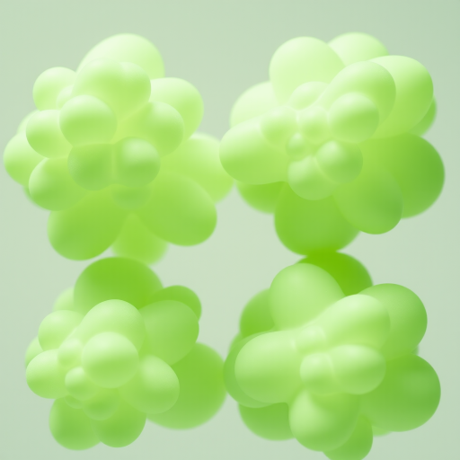 Generate an image of four organic-shaped green cloud-like formations in varying shades of light green to dark green, captured with a DSLR camera using a 50mm lens, aperture f/2.8, ISO 100, in a well-lit environment with a shallow depth of field for enhanced clarity and detail.