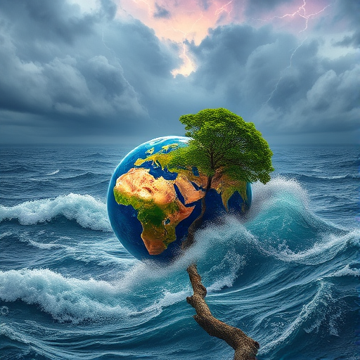 Create an image of a vibrant Earth surrounded by turbulent ocean waves with a lush green tree growing from it, depicting a dramatic apocalyptic scene with swirling clouds and lightning, captured with a Canon EOS R5, 24mm lens, f/11 aperture, 1/250s shutter speed, ISO 100, HDR style for enhanced detail and color depth.