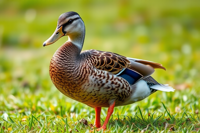Generate a detailed illustration of a duck standing on grass with intricate feather patterns, using a DSLR camera set to f/8 aperture, ISO 100, and a shutter speed of 1/250s, in a macro view with a soft focus background to enhance richness and depth.