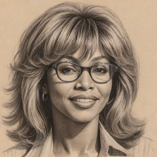 Delightful Tina Turner, pencil sketch, portrait of Beauteous woman 1972s in glasses, hair style beatnik, outline, clear lines, fine lines, 8k