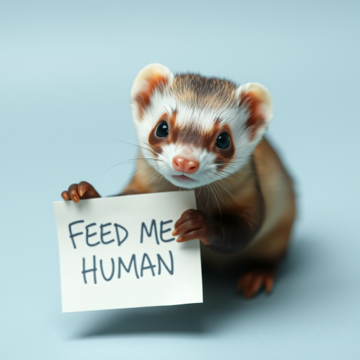 Ferret holding a note which says "FEED ME HUMAN"