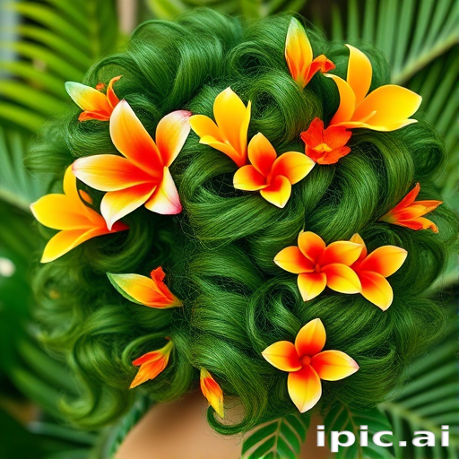Tropical paradise blend of vibrant greens, yellows, and oranges, styled in voluminous curls adorned with exotic flowers, evoking lush island landscapes