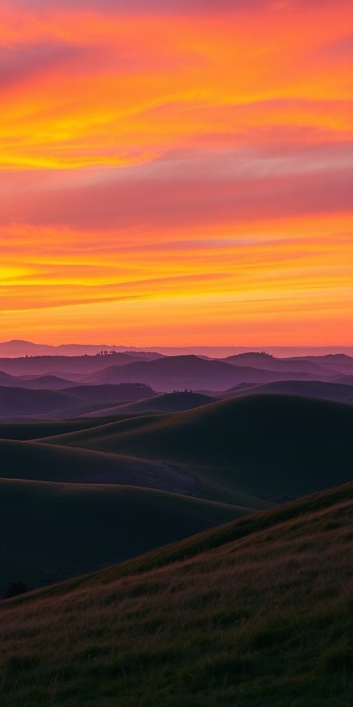 Create a high-resolution image featuring a tranquil landscape of rolling hills at sunset, with vibrant orange and purple skies. Use a Canon EOS R5 camera, 24mm lens, aperture f/8, ISO 100, shutter speed 1/125s, shot from a high vantage point to capture a wide view of the scenery, ensuring excellent depth of field and clarity.