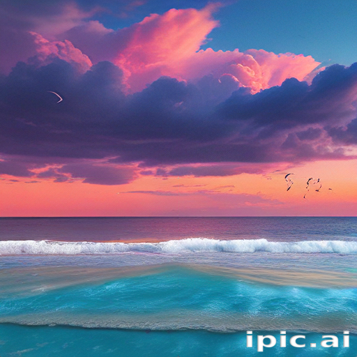A Serene Sunset Over the Ocean with Vibrant Clouds and Gentle Waves.