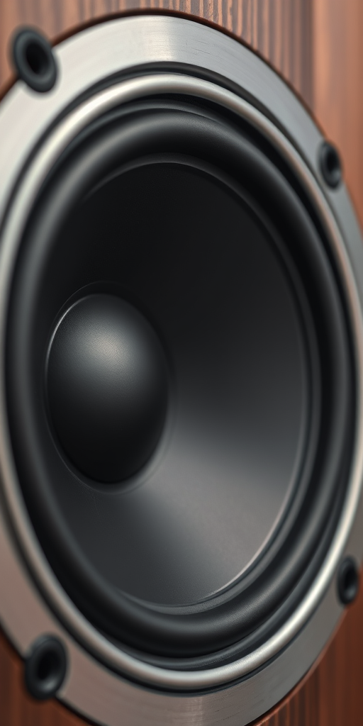 Create a high-resolution image of a speaker with a black cone and metallic silver frame, captured in a close-up view, using a DSLR camera at f/2.8 aperture, ISO 100, and 50mm lens, with soft diffused lighting to enhance detail and depth.