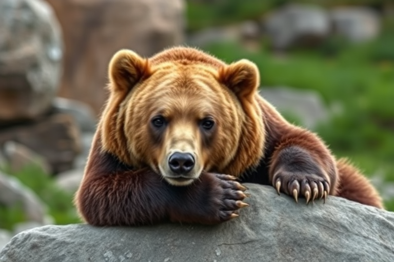 Capture a relaxed brown bear resting on a rock in a natural setting, using a Canon EOS 5D Mark IV, 85mm lens, aperture f/2.8, shutter speed 1/250s, ISO 400, shallow depth of field for a soft background blur, and taken at eye level to emphasize the bear's expression.