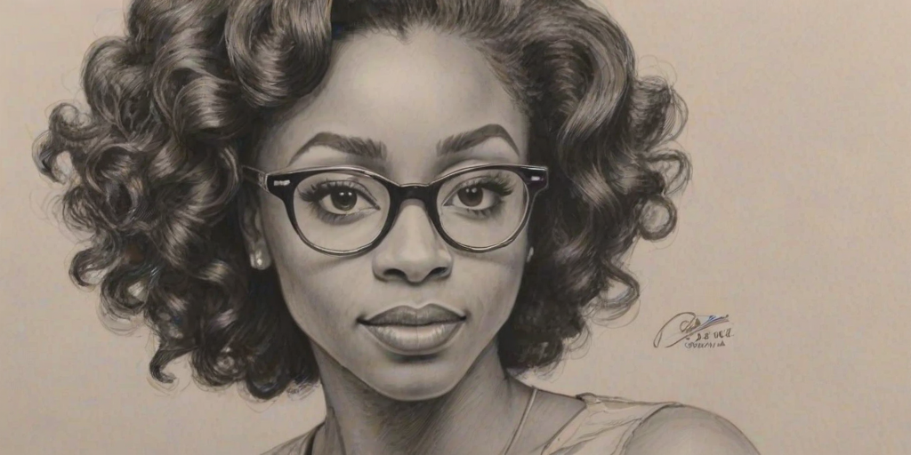 Enchanting Teyonah Parris, pencil sketch, portrait of Enchanting woman 1951s in glasses, hair style beatnik, outline, clear lines, fine lines, 8k