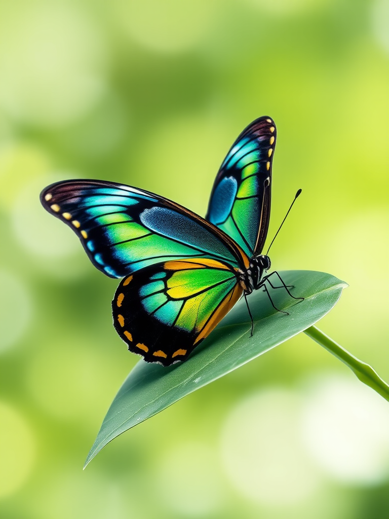 Create an image of a butterfly resting on a leaf. The butterfly should have vibrant blue, green, and yellow patterns on its wings. The background should be softly blurred with a mix of green and light colors to create a natural, serene atmosphere.
