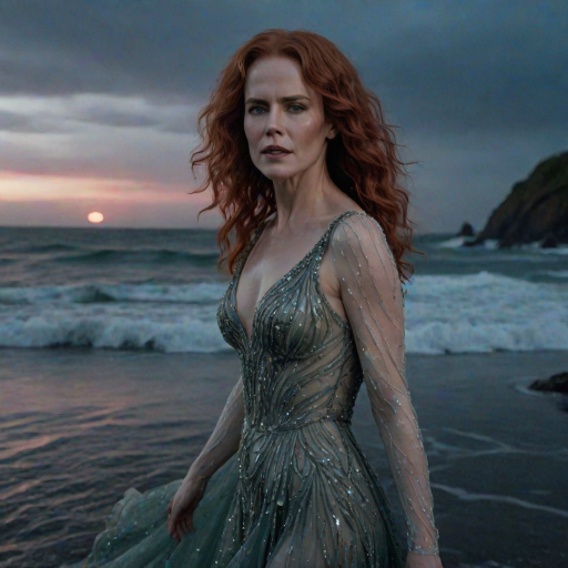 Bewitching image of Nicole Kidman, Big Little Lies star, with her porcelain skin and cascading red curls, emerging from misty waves in a sheer, iridescent gown, on a moonlit beach dotted with bioluminescent algae