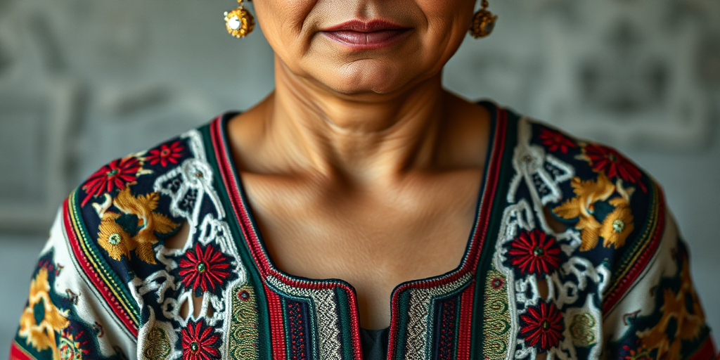 Face, shoulders, chest covered in openwork Hmong embroidery. Raw, unedited image.