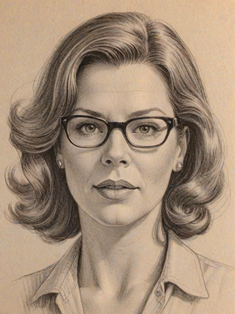 Delightful Marsha Gay Harden, pencil sketch, portrait of Radiant woman 1945s in glasses, hair style beatnik, outline, clear lines, fine lines, 8k