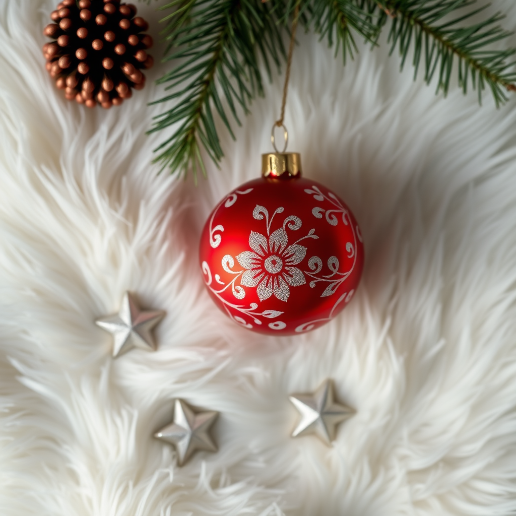 Regenerate the image of a red Christmas ornament with floral designs on a soft, white fur background with three small silver stars scattered around, captured with a DSLR camera, 50mm lens, f/2.8 aperture, ISO 100, shallow depth of field for a blurred background, top-down view for composition clarity.