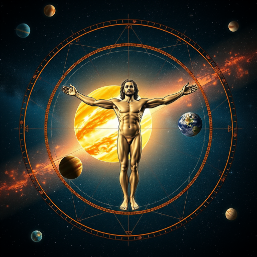 Create a high-resolution image of the Vitruvian Man surrounded by planets in a cosmic background, using a DSLR camera with a 50mm lens, aperture f/1.8, ISO 100, 1/125s shutter speed, wide-angle view, and enhanced color saturation for vivid details.