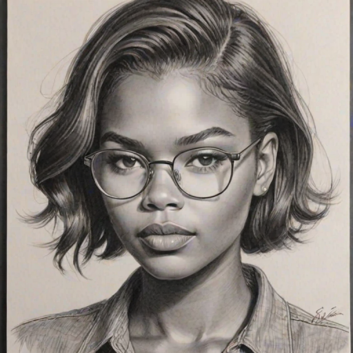 Appealing Ryan Destiny, pencil sketch, portrait of Fetching woman 1951s in glasses, hair style beatnik, outline, clear lines, fine lines, 8k