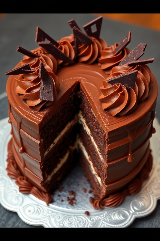 A beautifully decorated chocolate cake with multiple layers and intricate frosting designs topped with chocolate shards and swirls, one slice cut out to reveal the rich, moist layers inside, placed on a decorative silver platter.