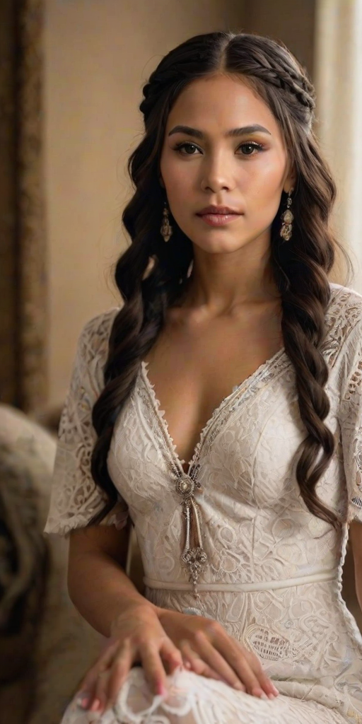 Create a portrait of a refined and elegant Native American woman seated in a sophisticated setting. She has long, wavy hair styled in two thick braids that are pulled over her shoulders. She wears a white, lace gown with intricate patterns, featuring a deep V-neckline and short sleeves. The dress exudes a vintage charm with its delicate lacework. She is adorned with ornate, dangling earrings that add a touch of glamour to her appearance. The background is softly lit, with warm, ambient lighting that creates a cozy and inviting atmosphere. Her expression is poised and serene, capturing a sense of grace and elegance.