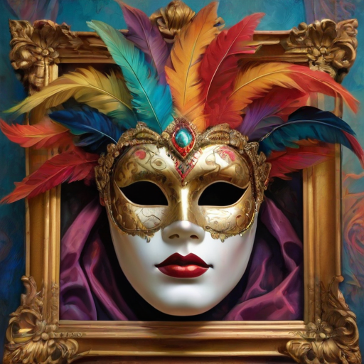 Venice mask,carnival,intricate colors,Artme,romanticism art,Paul Gauguin,Cyberpop,short lighting,F/1.8,extremely beautiful,oil painting of. Hyper-realistic, highly detailed, 4K, HDR, very close frame