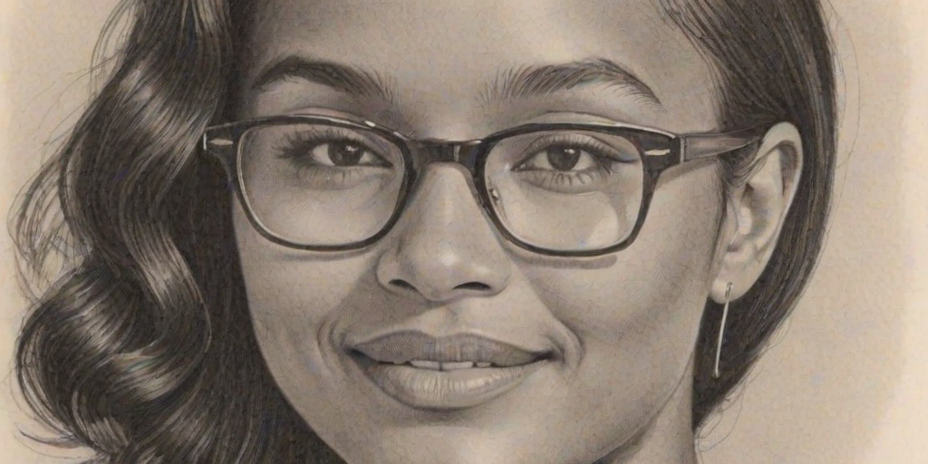 Splendid Joy Bryant, pencil sketch, portrait of Ravishing woman 1949s in glasses, hair style beatnik, outline, clear lines, fine lines, 8k
