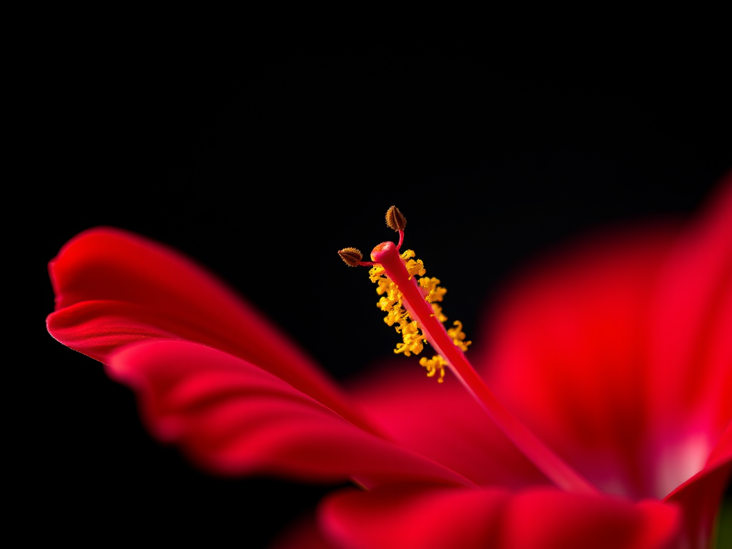 close-up shot of a vibrant red flower against a dark background with soft lighting, shallow depth of field, macro lens, aperture f/2.8, ISO 100, 100mm focal length, tripod mounted, natural light