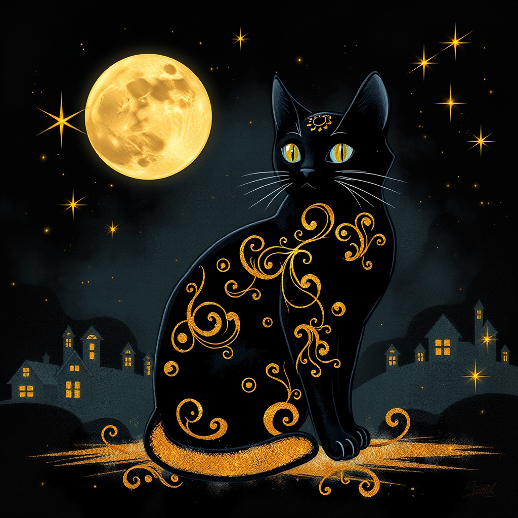 a stylized black cat with iridescent golden arabesques all over its body, on a grungy smoky black background with matching celestial designs, a full moon with silhouettes of lit houses, bright shooting stars, dazzling, magical BG, reminiscent of Christmas wonderland