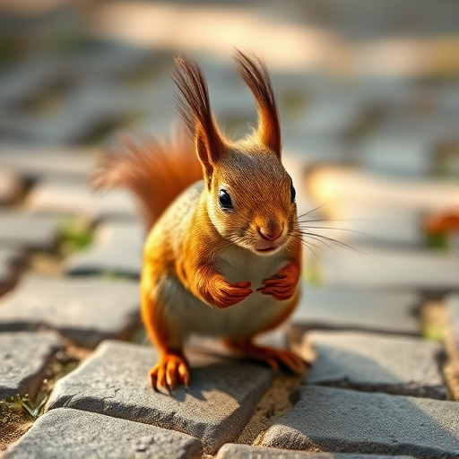 Capture a high-resolution image of a red squirrel on cobblestone pavement in natural light, using a Canon EOS R5 with a 50mm f/1.2 lens, aperture set to f/2.8, ISO 100, shutter speed 1/200, focus in a shallow depth of field to emphasize the squirrel while softly blurring the background.