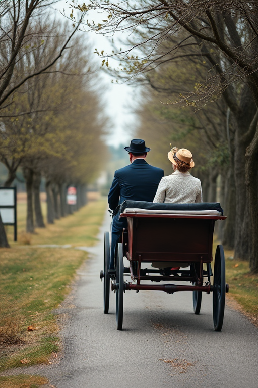 Create an image of a vintage horse-drawn carriage with two passengers elegantly dressed, traveling along a tree-lined path in a serene landscape, captured with a DSLR camera at f/4 aperture, ISO 100, 1/250 sec shutter speed, with a medium-wide angle lens to enhance depth and clarity.