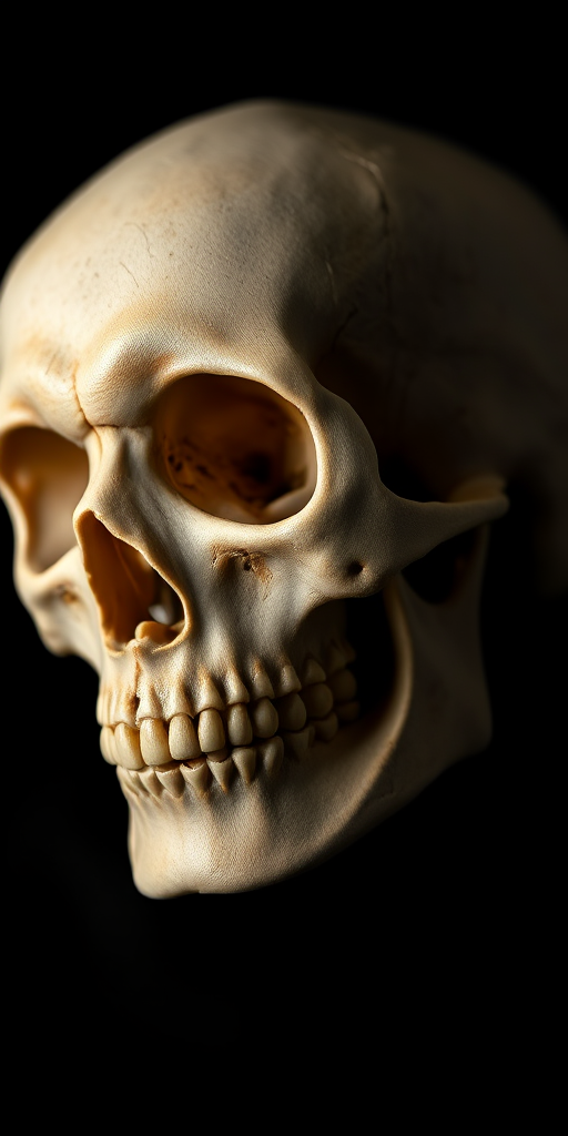 high-quality close-up of a human skull on a dark background, 50mm lens, f/2.8 aperture, ISO 100, studio lighting, DSLR camera, shallow depth of field, emphasize texture and details of the bone structure
