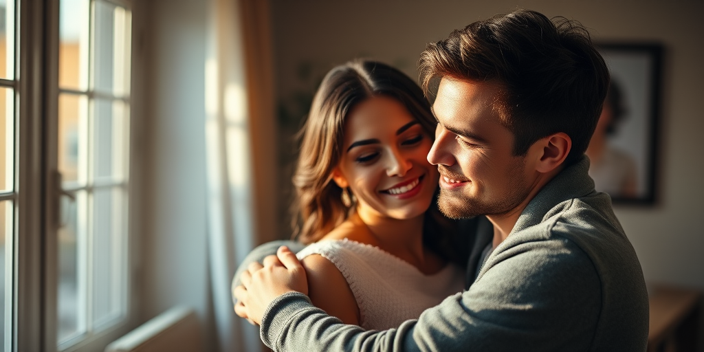 Portrait of a couple embracing intimately in a softly lit room with natural window light, Canon EOS R5, 50mm lens, f/1.8 aperture, ISO 200, shutter speed 1/100 sec, warm tones with a shallow depth of field for enhanced focus on subjects and a soft background blur.