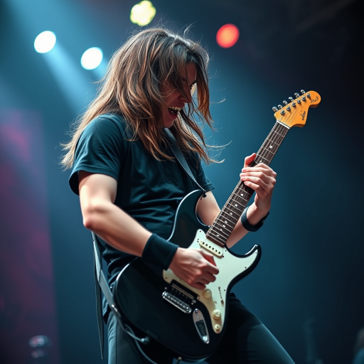 Create an image of a young male rock guitarist passionately performing on stage with long hair and an electric guitar, captured in a close-up view with a shallow depth of field, using a Canon EOS R5 with a 50mm f/1.2 lens at ISO 100, shutter speed 1/200s, and an aperture of f/2.8 to enhance lighting and detail in a concert setting.